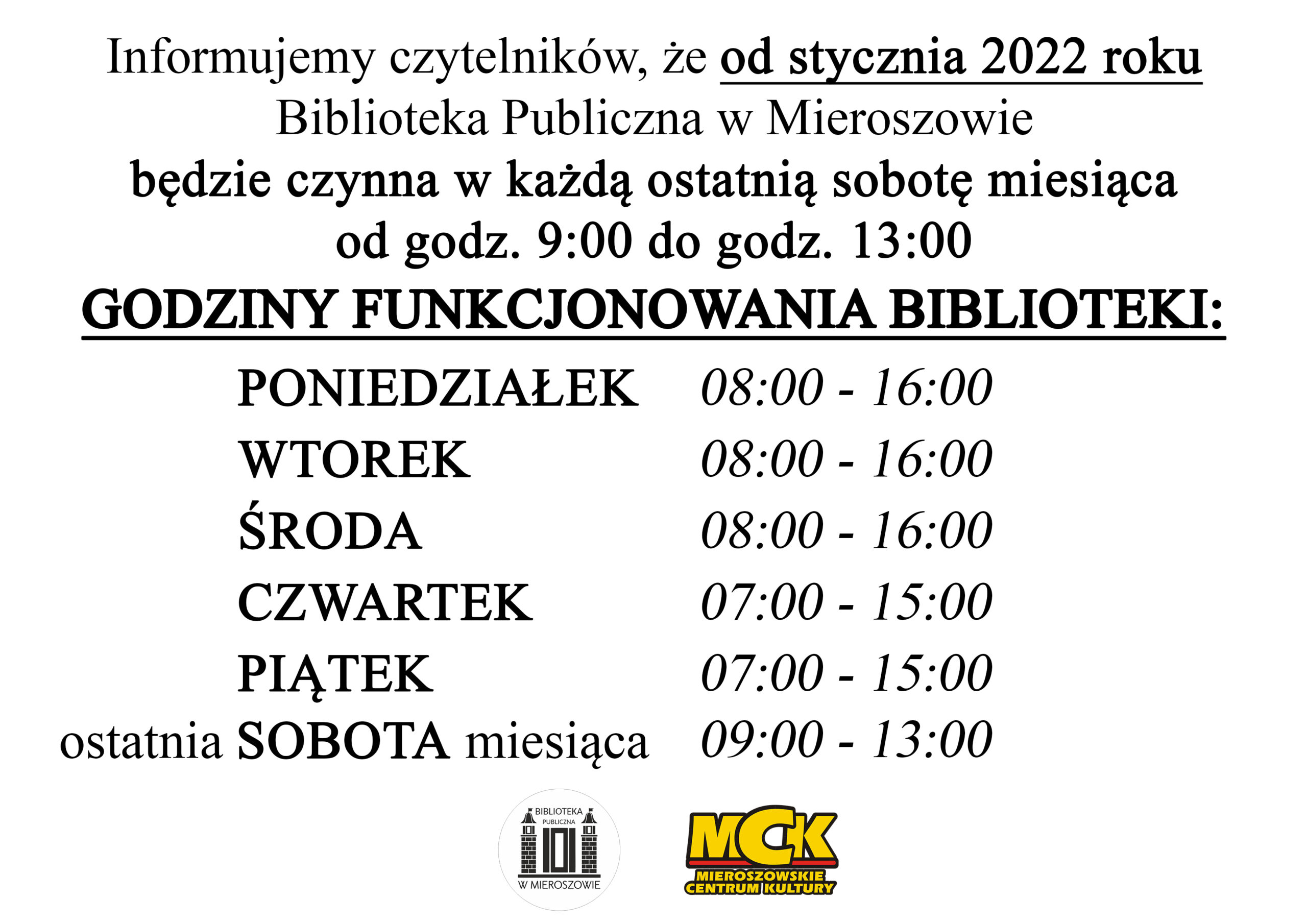 Zmiany godzin funkcjonowania biblioteki!